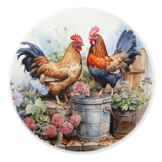 Land Rustic Tupp Hen Red Geraniums Tin Pail Knopp (Framsidan)