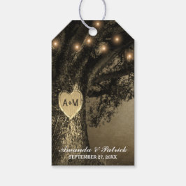Land Rustic Vintage Carved Oak Träd Bröllop Presentetikett