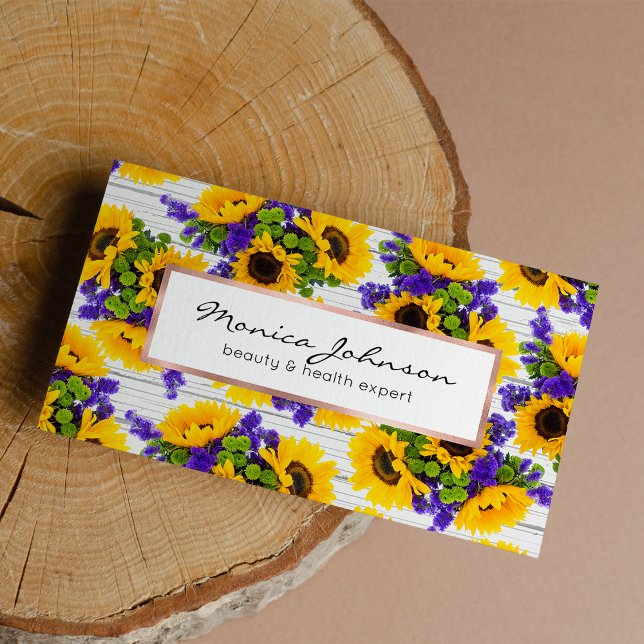 Land Rustic White Wood Lila Gult Solros Visitkort (Country Rustic White Wood Purple Yellow Sunflower Business Card )