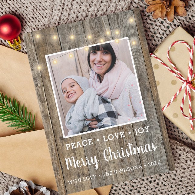 Land Rustic Wood Ljus Photo Julkort (Country Rustic Wood Lights Photo Holiday Card)