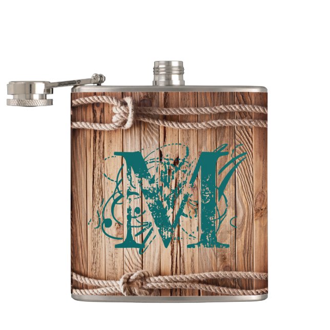 Land Rustic Wood Rope Monogram Whiskey-kolv Fickplunta (Öppnad)