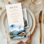 Land, Sjö, bergsskogen Bröllop Meny<br><div class="desc">Bröllop Menu med vattenfärgskonstruktion med en charmerande, rustik bröllop-lada som är fastgjord på stränderna av ett stillastående sjö, inramad av stora berg och med ett fastande gräs träd. På scenen med vattenfärger i land fångas en solupplyst dags skönhet, där ladens varma trähuvar speglas perfekt i det stilla vatten. Idealiskt för...</div>