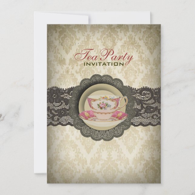 Land snöre blommigt tekopp Möhippa Tea Party Inbjudningar (Framsida)