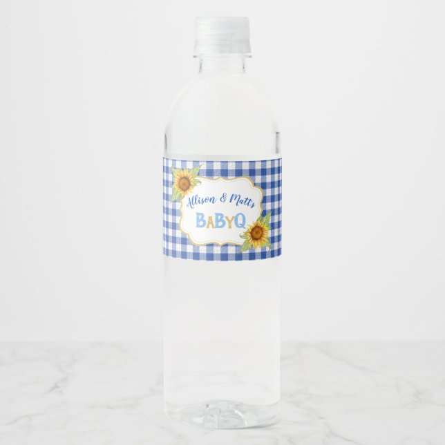 Land Solblommor Blue Gingham Check BabyQ BBQ Vattenflaskor Etikett (Framsida)