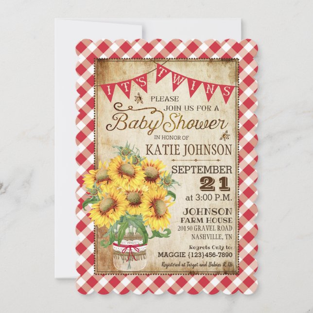 Land Solblommor Gingham Check Twillingars Baby Sho Inbjudningar (Framsida)