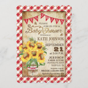 Land Solblommor Gingham Check Twillingars Baby Sho Inbjudningar