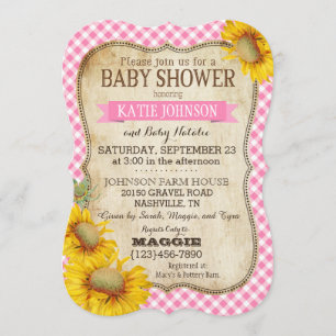Land Solblommor och Gingham Check Baby Shower Inbjudningar
