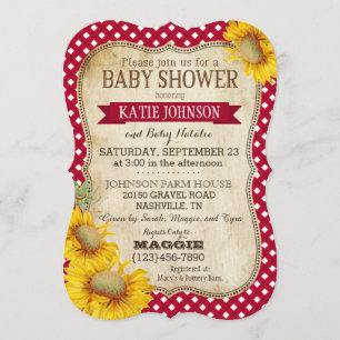 Land Solblommor och Gingham Check Baby Shower Inbjudningar