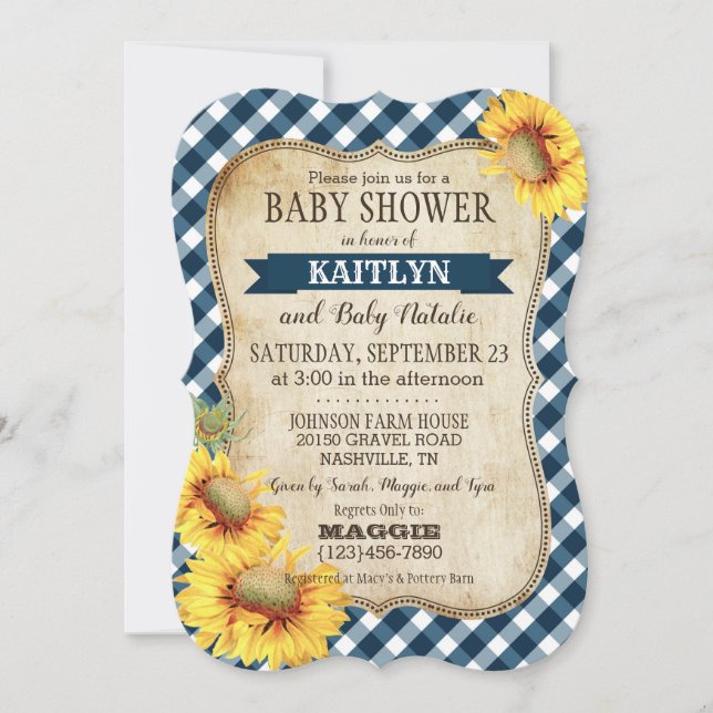 Land Solblommor och Gingham Check Baby Shower Inbjudningar (Framsida)