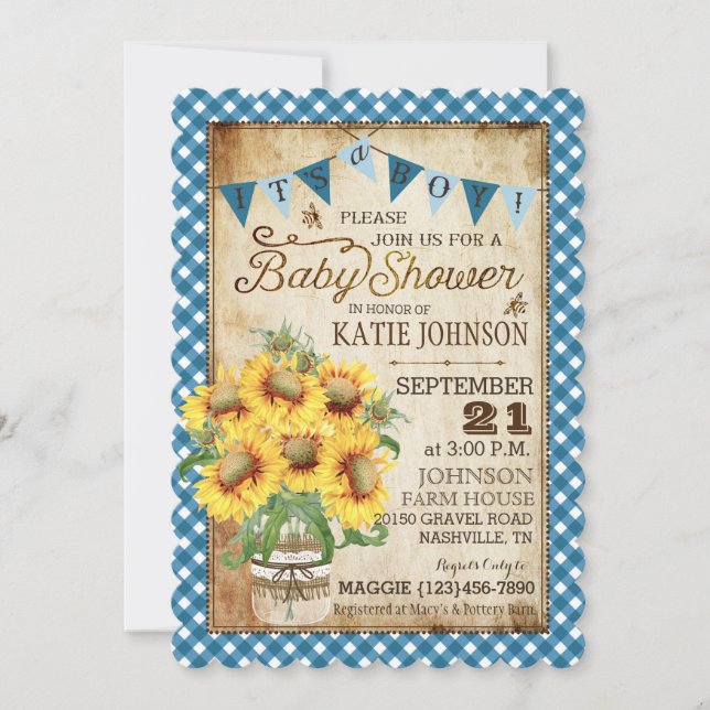 Land Solblommor och Gingham Check Baby Shower Inbjudningar (Framsida)