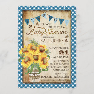 Land Solblommor och Gingham Check Baby Shower Inbjudningar