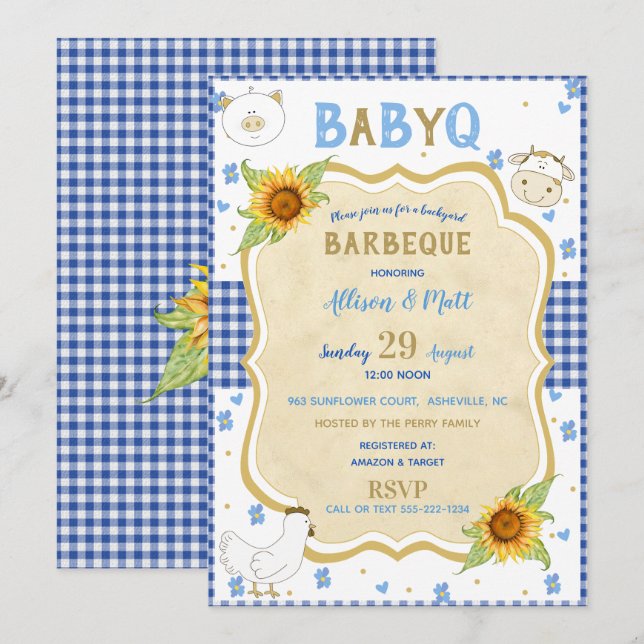 Land Solros Blue Gingham Baby Q Barbecue Inbjudningar (Fram/baksida)