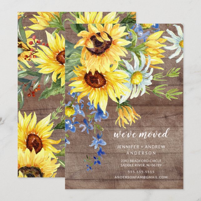 Land Solros Bouquet Flytta Announement Inbjudningar (Fram/baksida)