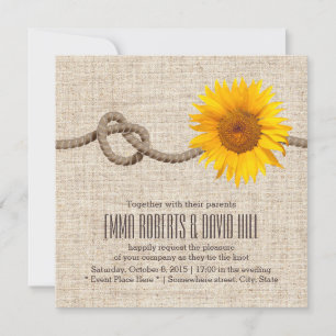 Land Solros och Twine Knot Burlap Bröllop Inbjudningar