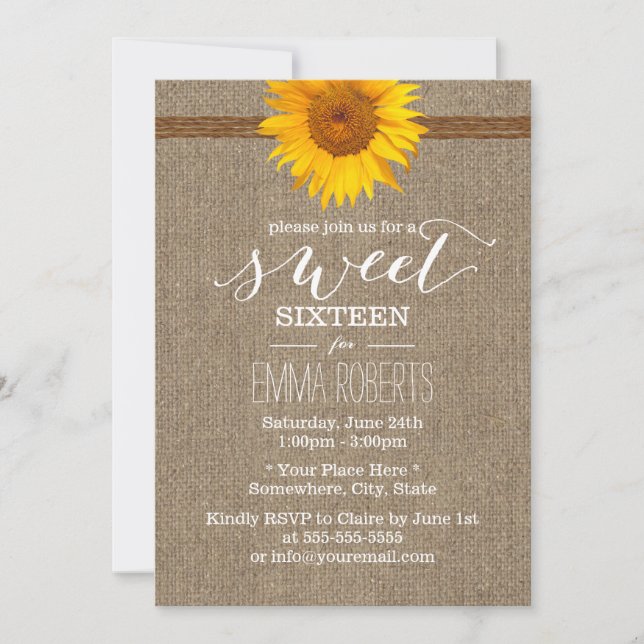 Land Solros & Twine Burlap Sweet sixteen Inbjudningar (Framsida)