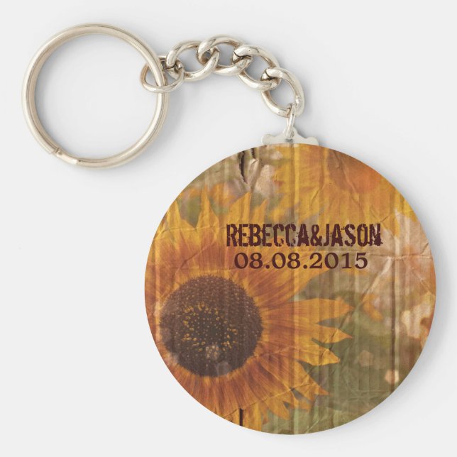 land solrosbröllop med rustiska papp nyckelring (Framsidan)