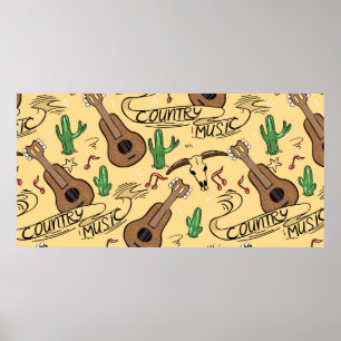 Land, sömlös mönster med gitarrer, kakti poster