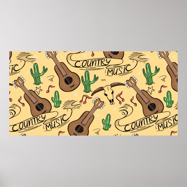 Land, sömlös mönster med gitarrer, kakti poster (Framsidan)