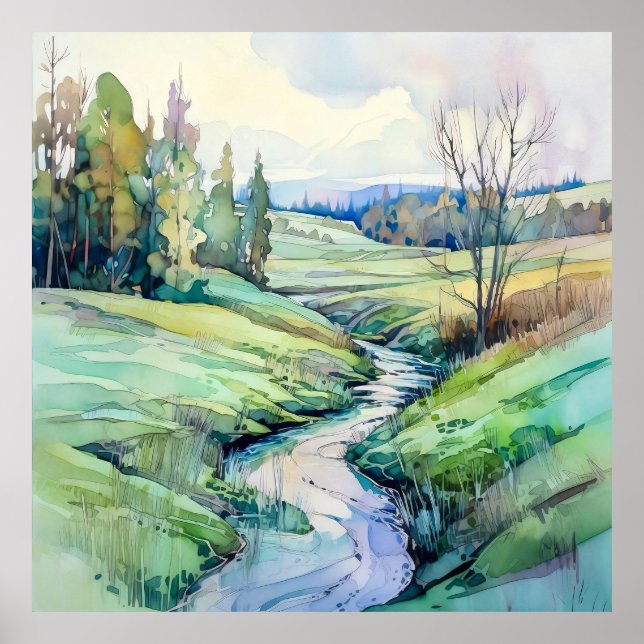 Land, sommarlandskap, vattenfärg poster (Framsidan)