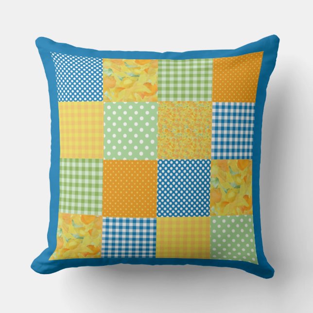 Land-stil Faux-patchwork Pillow: Daffodils Kudde (Framsida)