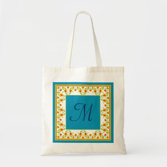 Land-stil Marigolds Gräns Monogram Tote Bag Tygkasse (Framsidan)