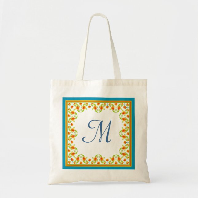 Land-stil Marigolds Gräns Monogram Tote Bag Tygkasse (Framsidan)