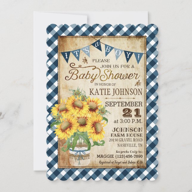 Land Sunblommor Gingham Check Boy Baby Shower Inbjudningar (Framsida)
