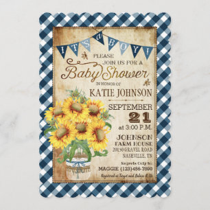 Land Sunblommor Gingham Check Boy Baby Shower Inbjudningar