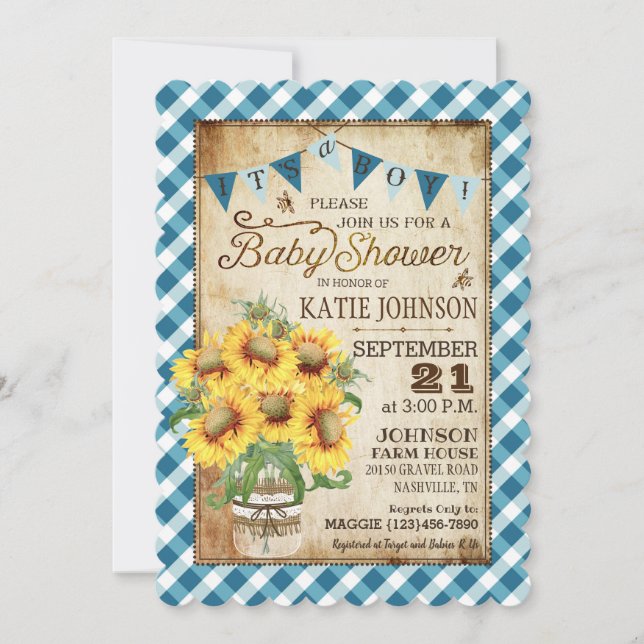 Land Sunblommor Gingham Check Boy Baby Shower Inbjudningar (Framsida)