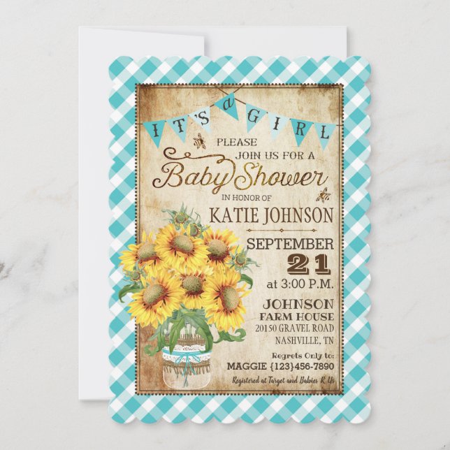 Land Sunblommor Gingham Check Girl Baby Shower Inbjudningar (Framsida)