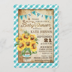 Land Sunblommor Gingham Check Girl Baby Shower Inbjudningar