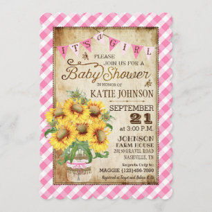Land Sunblommor Gingham Check Girl Baby Shower Inbjudningar