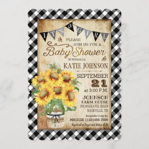Land Sunblommor Gingham Check Girl Baby Shower Inbjudningar