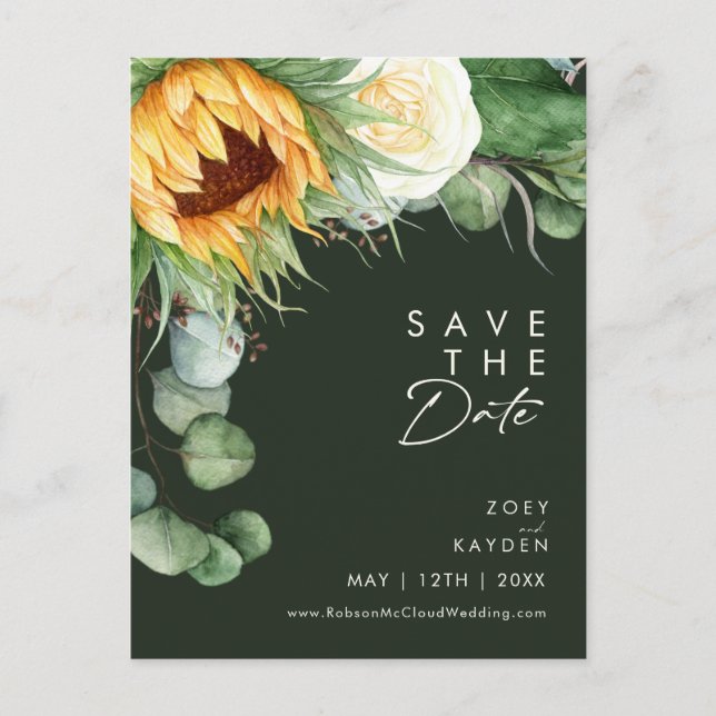 Land Sunflower Script | Grön Save The Date Inbjudan Vykort (Framsida)