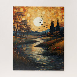 Land Sunset with Birds and Stream Jigszle Puzzle Pussel