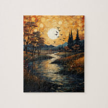 Land Sunset with Birds and Stream Jigszle Puzzle