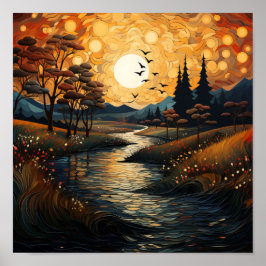 Land Sunset with Birds and Stream Poster
