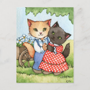 Land Sweethearts - Cute Cat Couple Art Vykort