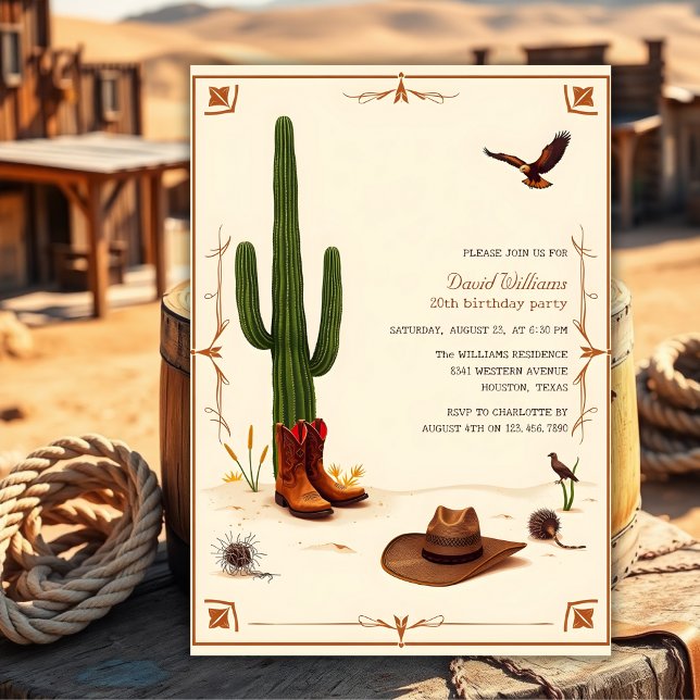 Land-temat Western födelsedagseftergift Inbjudningar (Country Desert Theme Western Cowboy Birthday Invitation)