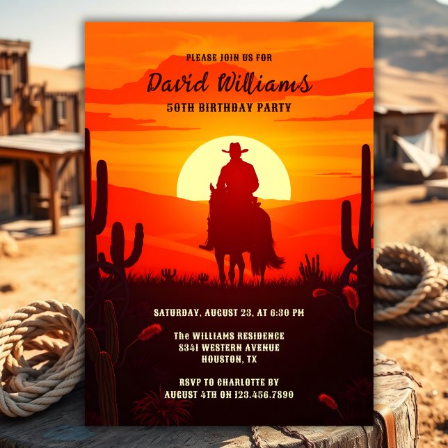 Land Theme Western Cowboy 50:e Födelsedagsfesten Inbjudningar (Country Theme Western Cowboy 50th Birthday Party Invitation)