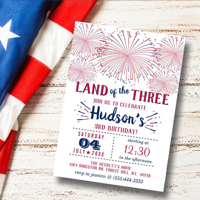 Land till de tre! 4 juli 3:e födelsedagen Party Inbjudningar (Skapare uppladdad)
