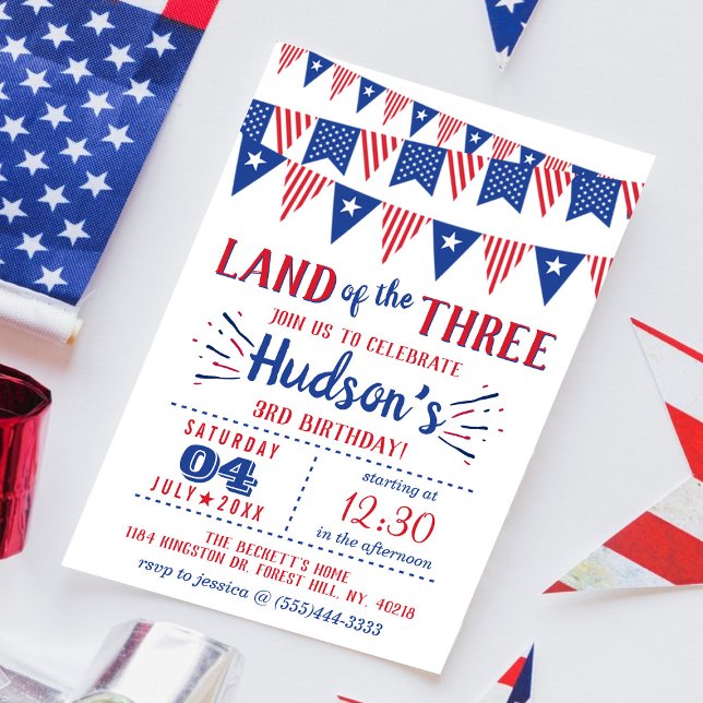 Land till de tre! 4 juli 3:e födelsedagen Party Inbjudningar (Skapare uppladdad)