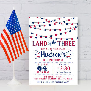 Land till de tre! 4 juli 3:e födelsedagen Party Inbjudningar