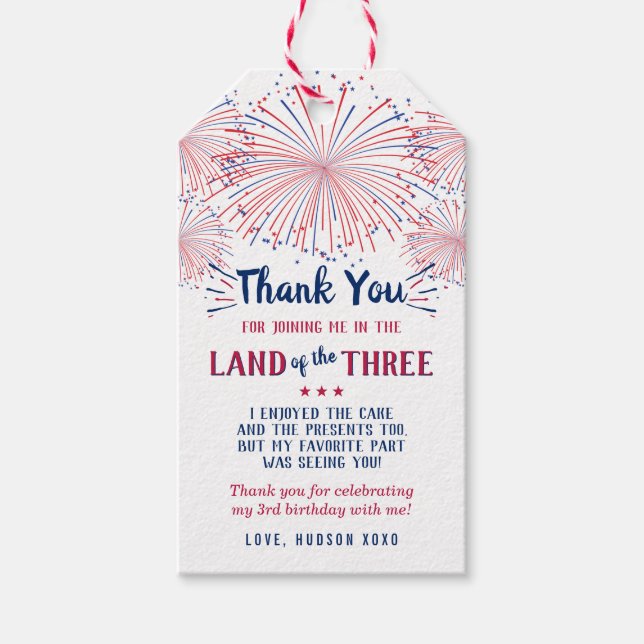 Land till de tre! 4 juli 3:e födelsedagen Party Presentetikett (Framsidan)