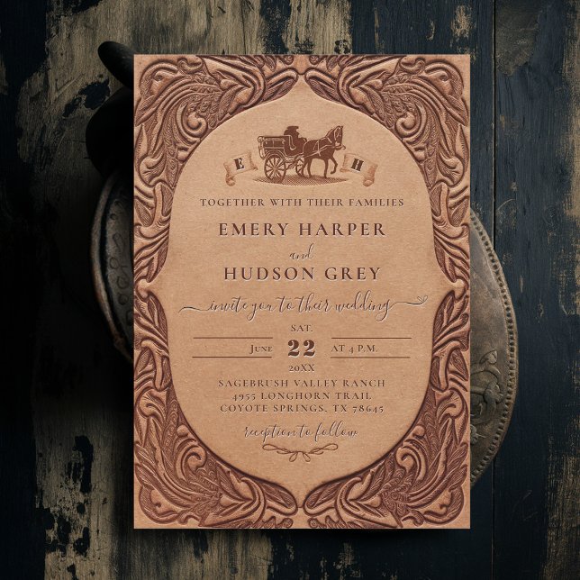 Land Tooled Leather Western Coach Chic Bröllop Inbjudningar (country wedding invitation rustic western barn cowboy tooled leather frame earthy brown)