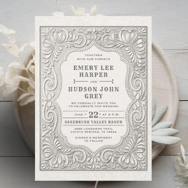 Land Tooled Leather Western Rustic Barn Bröllop Inbjudningar (cowboy wedding invitation tooled leather effect elegant country western barn backyard black white)