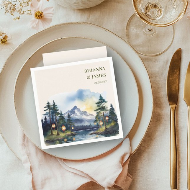 Land Twilight-skogsområdet Bröllop Pappersservett (Personalized napkins from the Country Lake wedding collection by Darling & May)