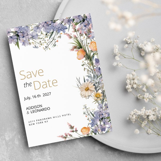 Land vildblommor, rustik Spara datum Inbjudningar (Country wildflower flowers rustic Save the Date)