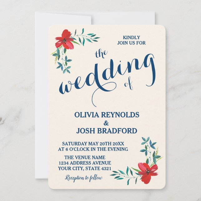 Land Vintage Blommigt Vattenfärgsflottan Röda Bröl Inbjudningar (Framsida)