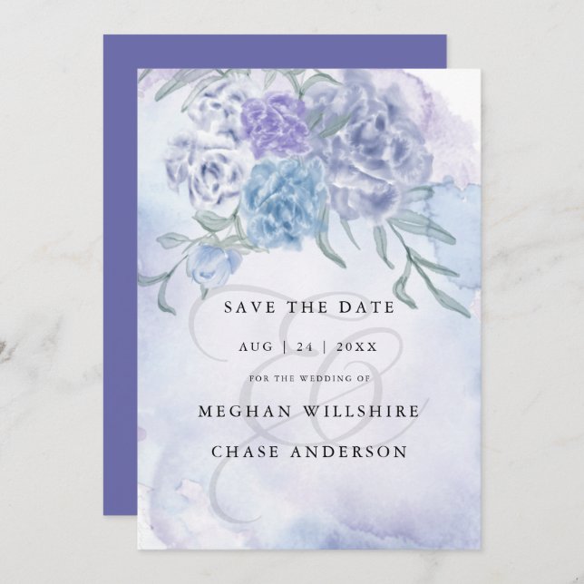 Land Watercolor Blommigt Dusty Blue Inbjudningar (Fram/baksida)